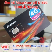Sim 4G Vinaphone gói U1500 Trọn gói 12 tháng, mỗi tháng 500Gb
